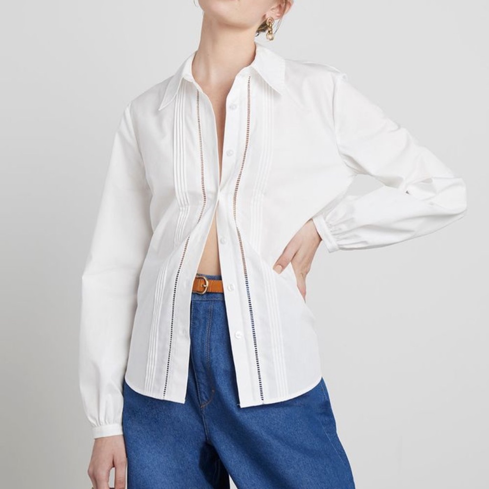 NWT Brett Cotton Button Down Shirt with Ladder Embroidery in White